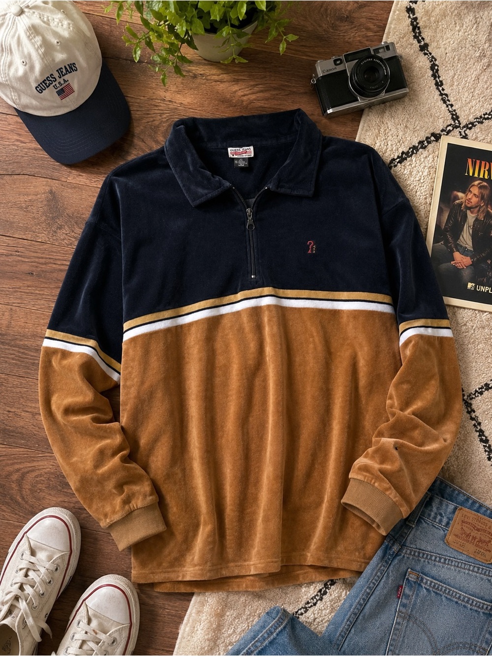 Vintage Guess 90s Men's Black and Tan Velour Zip-Up Sweater